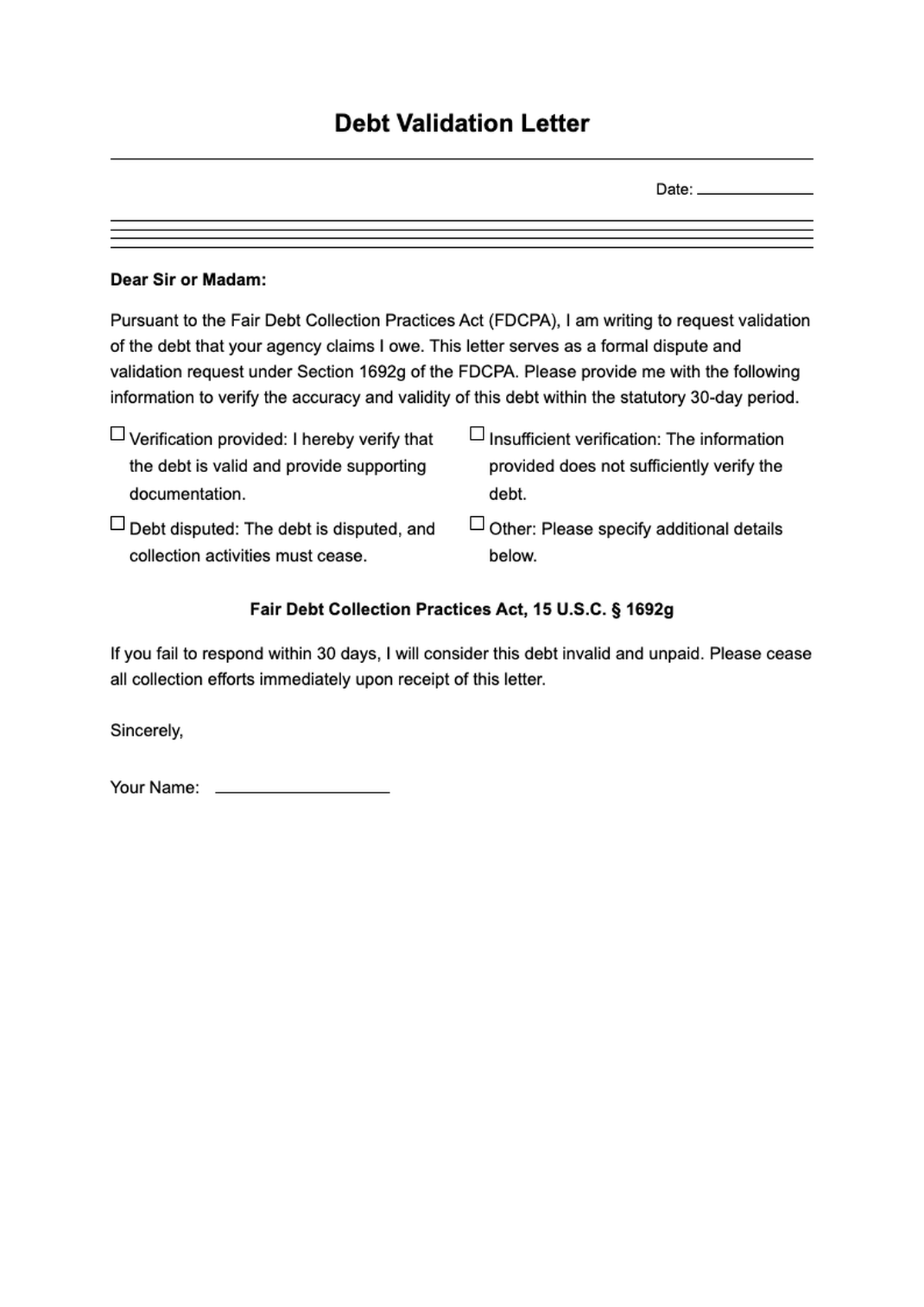 Debt validation letter template with fillable fields and Fair Debt Collection Practices Act notice_variant_1